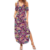 Hawaii Islands Map Design with Japanese Landscape Family Matching Summer Maxi Dress and Hawaiian Shirt Hawaiian Japan Fusion Art Pink Color
