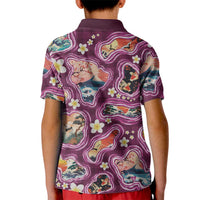 Hawaii Islands Map Design with Japanese Landscape Kid Polo Shirt Hawaiian Japan Fusion Art Pink Color