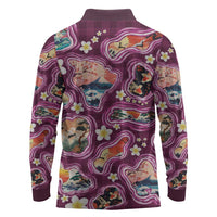 Hawaii Islands Map Design with Japanese Landscape Long Sleeve Polo Shirt Hawaiian Japan Fusion Art Pink Color