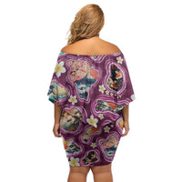Hawaii Islands Map Design with Japanese Landscape Off Shoulder Short Dress Hawaiian Japan Fusion Art Pink Color