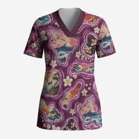 Hawaii Islands Map Design with Japanese Landscape Scrub Top Hawaiian Japan Fusion Art Pink Color