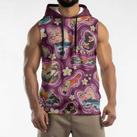 Hawaii Islands Map Design with Japanese Landscape Sleeveless Hoodie Hawaiian Japan Fusion Art Pink Color
