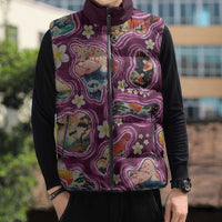 Hawaii Islands Map Design with Japanese Landscape Sleeveless Puffer Jacket Hawaiian Japan Fusion Art Pink Color