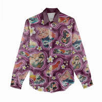 Hawaii Islands Map Design with Japanese Landscape Women Casual Shirt Hawaiian Japan Fusion Art Pink Color