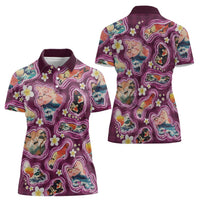 Hawaii Islands Map Design with Japanese Landscape Women Polo Shirt Hawaiian Japan Fusion Art Pink Color
