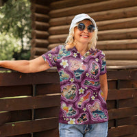 Hawaii Islands Map Design with Japanese Landscape Women Polo Shirt Hawaiian Japan Fusion Art Pink Color