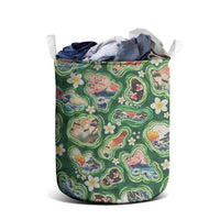 Hawaiian and Japanese Culture Together Laundry Basket Hawaiian Island Shapes with Japanese Landscape Green Color