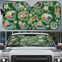 Hawaiian and Japanese Culture Together Auto Sun Shade Hawaiian Island Shapes with Japanese Landscape Green Color