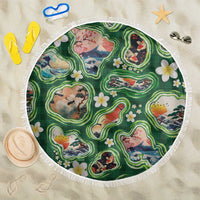 Hawaiian and Japanese Culture Together Beach Blanket Hawaiian Island Shapes with Japanese Landscape Green Color