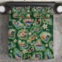 Hawaiian and Japanese Culture Together Bedding Set Hawaiian Island Shapes with Japanese Landscape Green Color