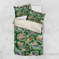 Hawaiian and Japanese Culture Together Bedding Set Hawaiian Island Shapes with Japanese Landscape Green Color