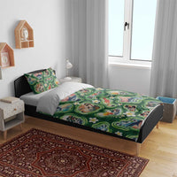 Hawaiian and Japanese Culture Together Bedding Set Hawaiian Island Shapes with Japanese Landscape Green Color