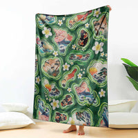 Hawaiian and Japanese Culture Together Blanket Hawaiian Island Shapes with Japanese Landscape Green Color