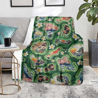 Hawaiian and Japanese Culture Together Blanket Hawaiian Island Shapes with Japanese Landscape Green Color