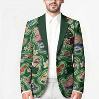 Hawaiian and Japanese Culture Together Blazer Hawaiian Island Shapes with Japanese Landscape Green Color