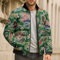 Hawaiian and Japanese Culture Together Bomber Puffer Jacket Hawaiian Island Shapes with Japanese Landscape Green Color