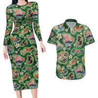 Hawaiian and Japanese Culture Together Couples Matching Long Sleeve Bodycon Dress and Hawaiian Shirt Hawaiian Island Shapes with Japanese Landscape Green Color