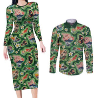 Hawaiian and Japanese Culture Together Couples Matching Long Sleeve Bodycon Dress and Long Sleeve Button Shirt Hawaiian Island Shapes with Japanese Landscape Green Color