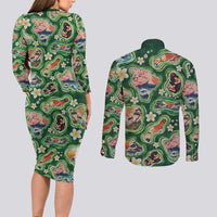 Hawaiian and Japanese Culture Together Couples Matching Long Sleeve Bodycon Dress and Long Sleeve Button Shirt Hawaiian Island Shapes with Japanese Landscape Green Color
