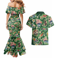 Hawaiian and Japanese Culture Together Couples Matching Mermaid Dress and Hawaiian Shirt Hawaiian Island Shapes with Japanese Landscape Green Color