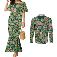Hawaiian and Japanese Culture Together Couples Matching Mermaid Dress and Long Sleeve Button Shirt Hawaiian Island Shapes with Japanese Landscape Green Color