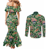 Hawaiian and Japanese Culture Together Couples Matching Mermaid Dress and Long Sleeve Button Shirt Hawaiian Island Shapes with Japanese Landscape Green Color