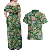 Hawaiian and Japanese Culture Together Couples Matching Off Shoulder Maxi Dress and Hawaiian Shirt Hawaiian Island Shapes with Japanese Landscape Green Color