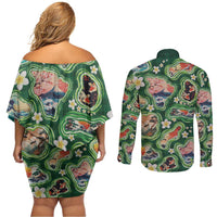Hawaiian and Japanese Culture Together Couples Matching Off Shoulder Short Dress and Long Sleeve Button Shirt Hawaiian Island Shapes with Japanese Landscape Green Color