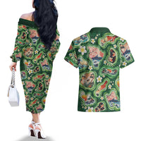 Hawaiian and Japanese Culture Together Couples Matching Off The Shoulder Long Sleeve Dress and Hawaiian Shirt Hawaiian Island Shapes with Japanese Landscape Green Color