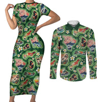 Hawaiian and Japanese Culture Together Couples Matching Short Sleeve Bodycon Dress and Long Sleeve Button Shirt Hawaiian Island Shapes with Japanese Landscape Green Color