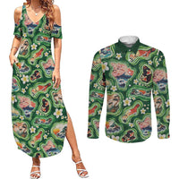 Hawaiian and Japanese Culture Together Couples Matching Summer Maxi Dress and Long Sleeve Button Shirt Hawaiian Island Shapes with Japanese Landscape Green Color