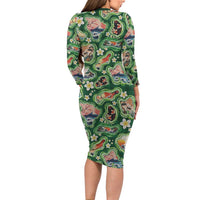 Hawaiian and Japanese Culture Together Family Matching Long Sleeve Bodycon Dress and Hawaiian Shirt Hawaiian Island Shapes with Japanese Landscape Green Color