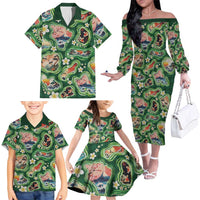 Hawaiian and Japanese Culture Together Family Matching Off The Shoulder Long Sleeve Dress and Hawaiian Shirt Hawaiian Island Shapes with Japanese Landscape Green Color