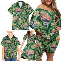 Hawaiian and Japanese Culture Together Family Matching Off Shoulder Short Dress and Hawaiian Shirt Hawaiian Island Shapes with Japanese Landscape Green Color