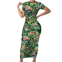 Hawaiian and Japanese Culture Together Family Matching Short Sleeve Bodycon Dress and Hawaiian Shirt Hawaiian Island Shapes with Japanese Landscape Green Color