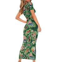 Hawaiian and Japanese Culture Together Family Matching Short Sleeve Bodycon Dress and Hawaiian Shirt Hawaiian Island Shapes with Japanese Landscape Green Color