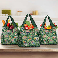 Hawaiian and Japanese Culture Together Grocery Bag Hawaiian Island Shapes with Japanese Landscape Green Color