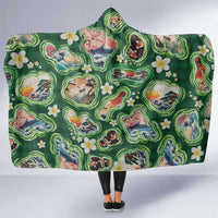 Hawaiian and Japanese Culture Together Hooded Blanket Hawaiian Island Shapes with Japanese Landscape Green Color