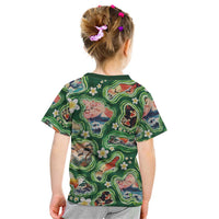 Hawaiian and Japanese Culture Together Kid T Shirt Hawaiian Island Shapes with Japanese Landscape Green Color