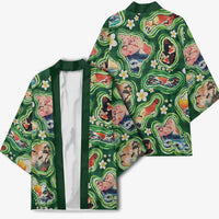 Hawaiian and Japanese Culture Together Kimono Hawaiian Island Shapes with Japanese Landscape Green Color