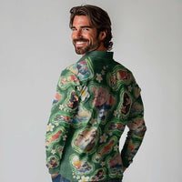 Hawaiian and Japanese Culture Together Long Sleeve Polo Shirt Hawaiian Island Shapes with Japanese Landscape Green Color