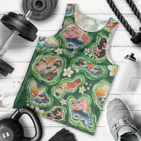Hawaiian and Japanese Culture Together Men Tank Top Hawaiian Island Shapes with Japanese Landscape Green Color