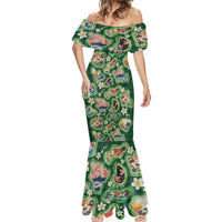 Hawaiian and Japanese Culture Together Mermaid Dress Hawaiian Island Shapes with Japanese Landscape Green Color