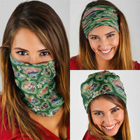 Hawaiian and Japanese Culture Together Neck Gaiter Hawaiian Island Shapes with Japanese Landscape Green Color