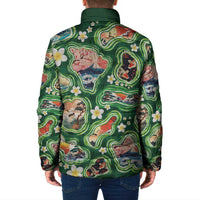 Hawaiian and Japanese Culture Together Padded Jacket Hawaiian Island Shapes with Japanese Landscape Green Color