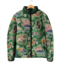Hawaiian and Japanese Culture Together Padded Jacket Hawaiian Island Shapes with Japanese Landscape Green Color