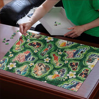 Hawaiian and Japanese Culture Together Puzzle Hawaiian Island Shapes with Japanese Landscape Green Color