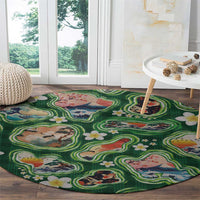 Hawaiian and Japanese Culture Together Round Carpet Hawaiian Island Shapes with Japanese Landscape Green Color