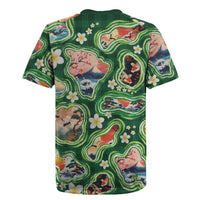 Hawaiian and Japanese Culture Together Rugby Jersey Hawaiian Island Shapes with Japanese Landscape Green Color