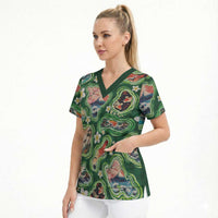 Hawaiian and Japanese Culture Together Scrub Top Hawaiian Island Shapes with Japanese Landscape Green Color